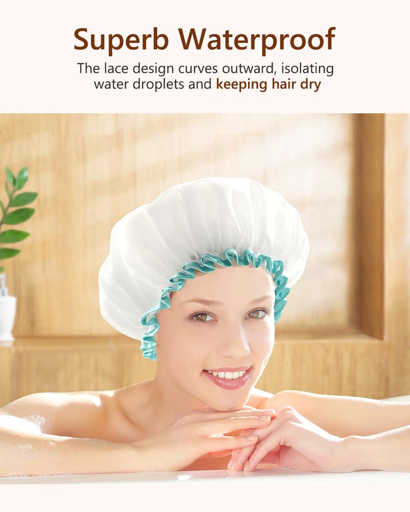 mikimini White Shower Cap for Long Hair 1 Pack, 12 inch large size,Waterproof Washable Hair Caps for Women and Girls, Super Cute and Extra Large - Image 5